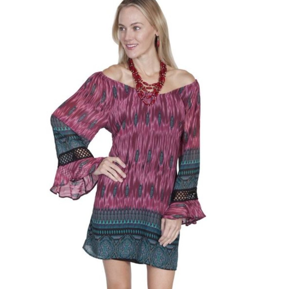 Scully Womens Off the Shoulder Dress Western Print Crochet Inset Chiffon